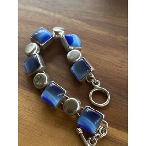 Sterling Silver BLUE Cats Eye Gemstone Link Bracelet, Size 7 42.6 Grams